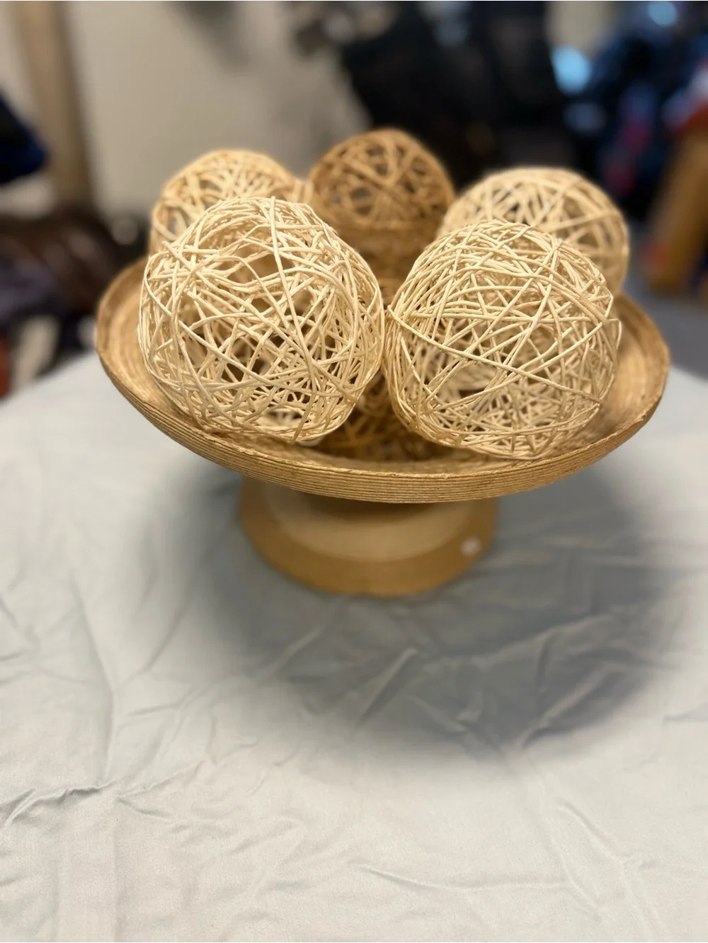 Natural Rattan Decorative Bowl with Wicker Ball Accents